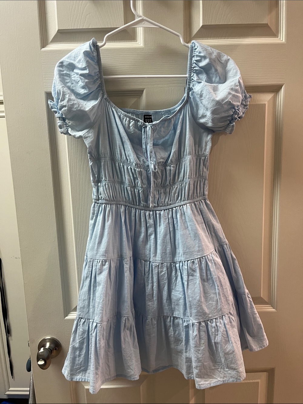 SHEIN Light Blue Puff Sleeve Tiered Dress